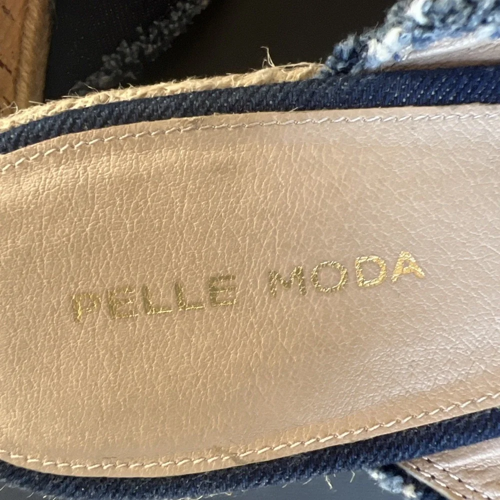 PELLE MODA Denim Frayed Blue Slip On Cork Wedge Espadrille Sandals Shoes Sz 9.5